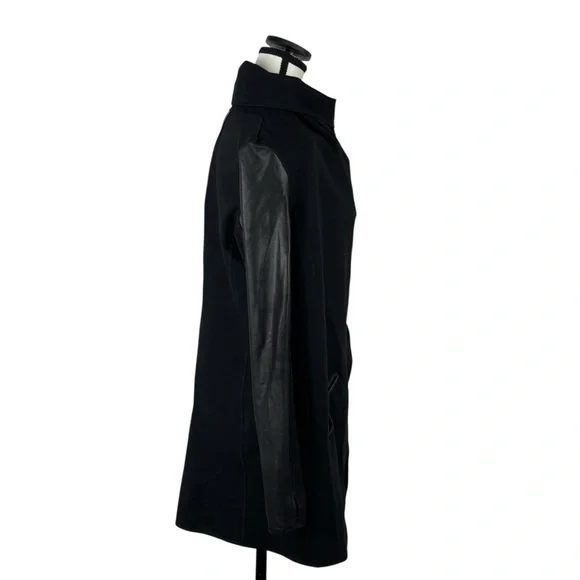 Spanx Black Asymmetrical Draped Jacket XS Faux Leather Sleeve Moto Chic Edgy - Picture 4 of 13